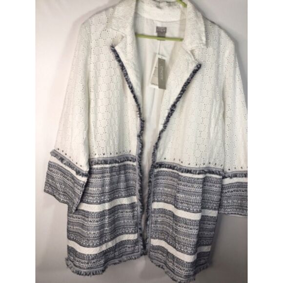 NWT Chico's Eyelet Embellished 3/4 Sleeve Jacket Women Size 4 Whit/Blue Cotton - Picture 1 of 15